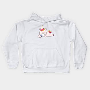 Unicorn having fun with a smartphone Kids Hoodie